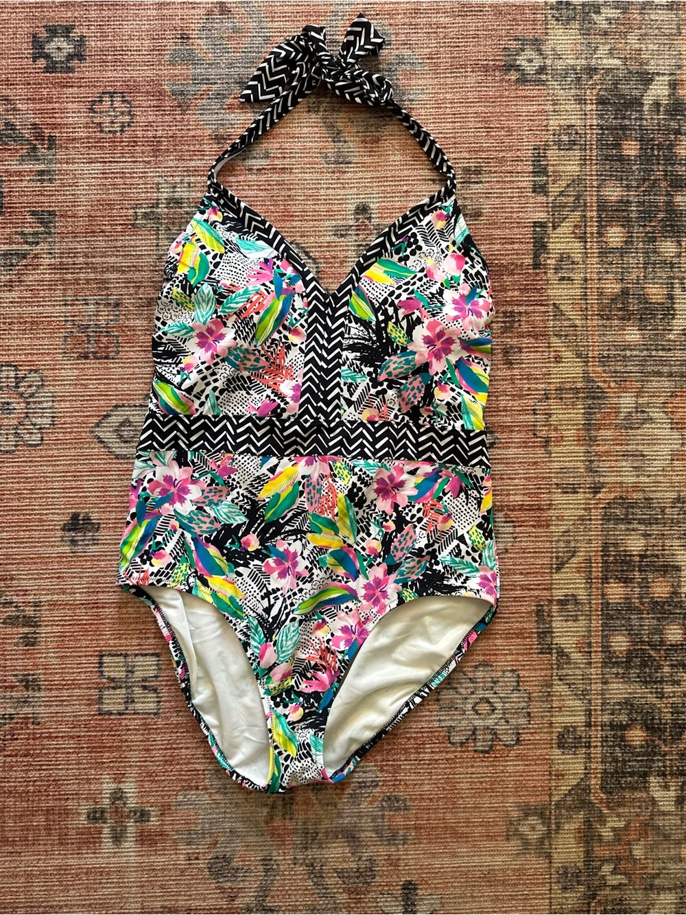 Lands’ End Perfect V Tropical Floral Halter One-Piece Swimsuit
